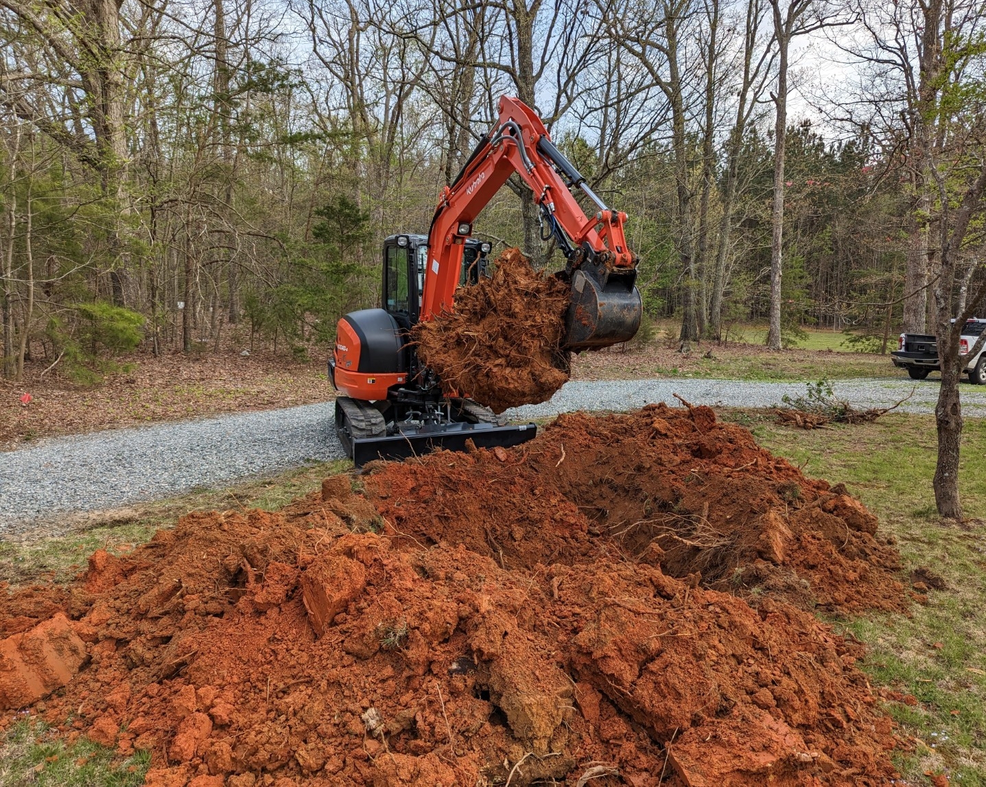 Mini excavator lifting a large stump and root ball